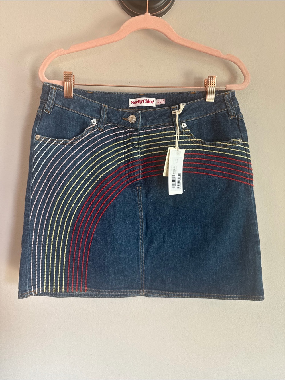 See By Chloe Denim Mini Skirt Rainbow Embroidery Dark Wash Blue NWT Size 38/6